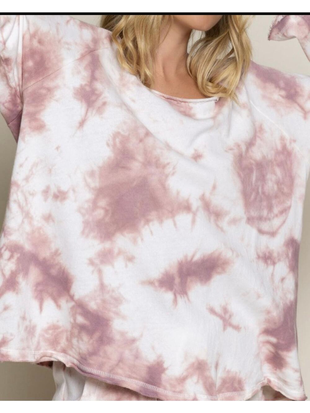 White and purple tie dye rolled raw hem long sleeve sweater